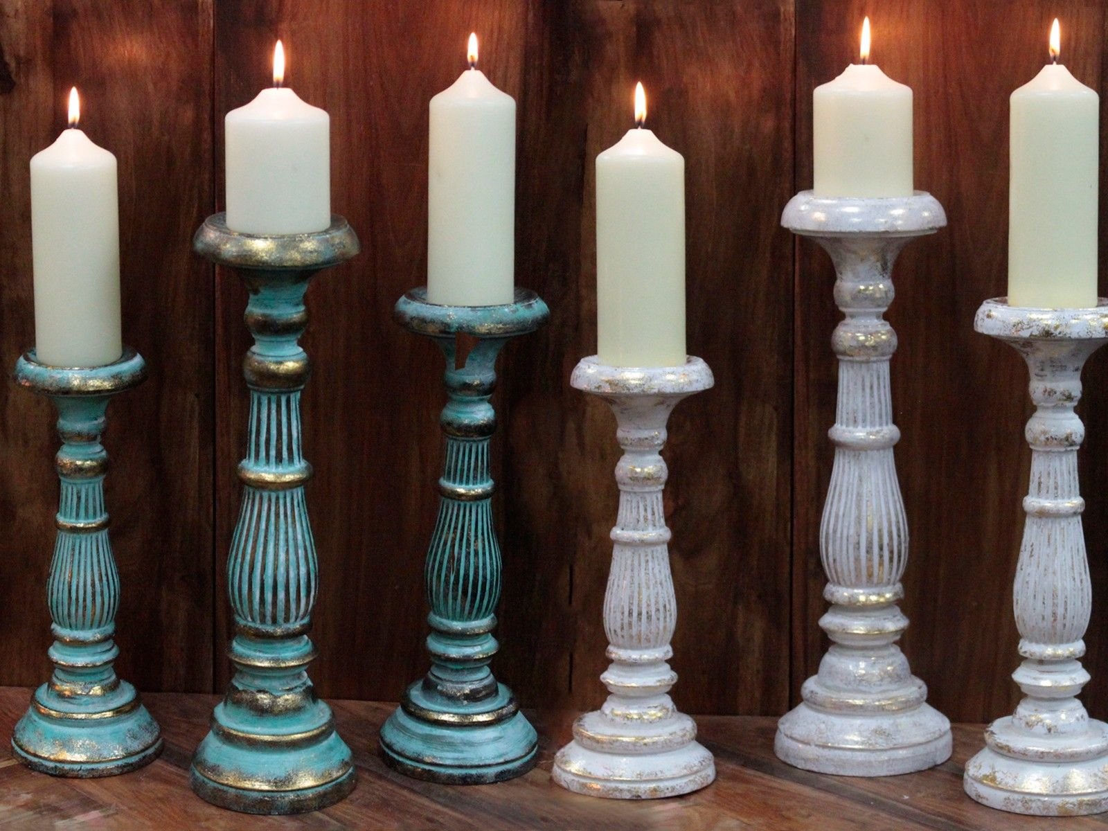 Kerzenständer Holz Vintage groß – Turquoise Gold handgefertigter Kerzenhalter, 40 cm