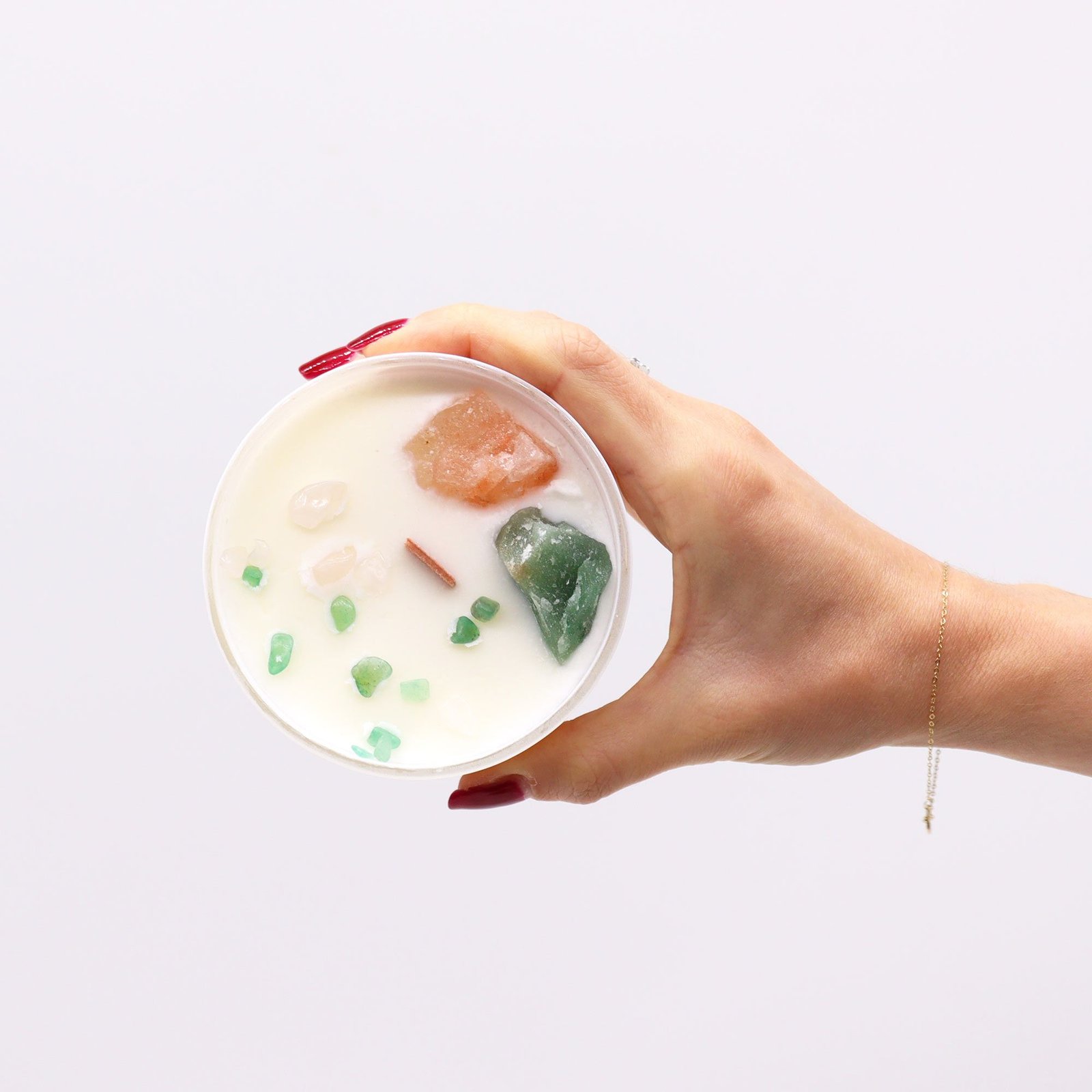 Chakra Kristallkerze Herzchakra – Sojawachs Kerze mit Kristallen, 17h, 8.5×5 cm, 0.36 kg